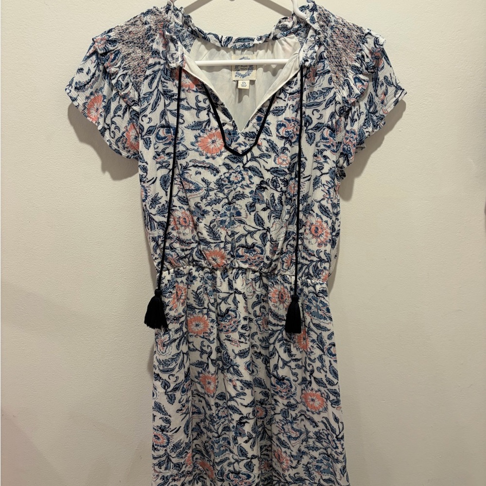 Blue Rain Blue and Peach Floral V-Neck Dress with Tassel Trim